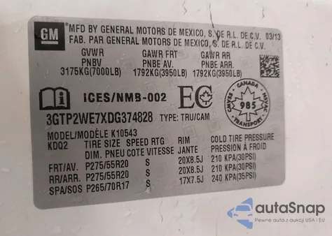 2013 GMC Sierra 1500 Slt z USA, uszkodzony, nr VIN 3GTP2WE7XDG374828